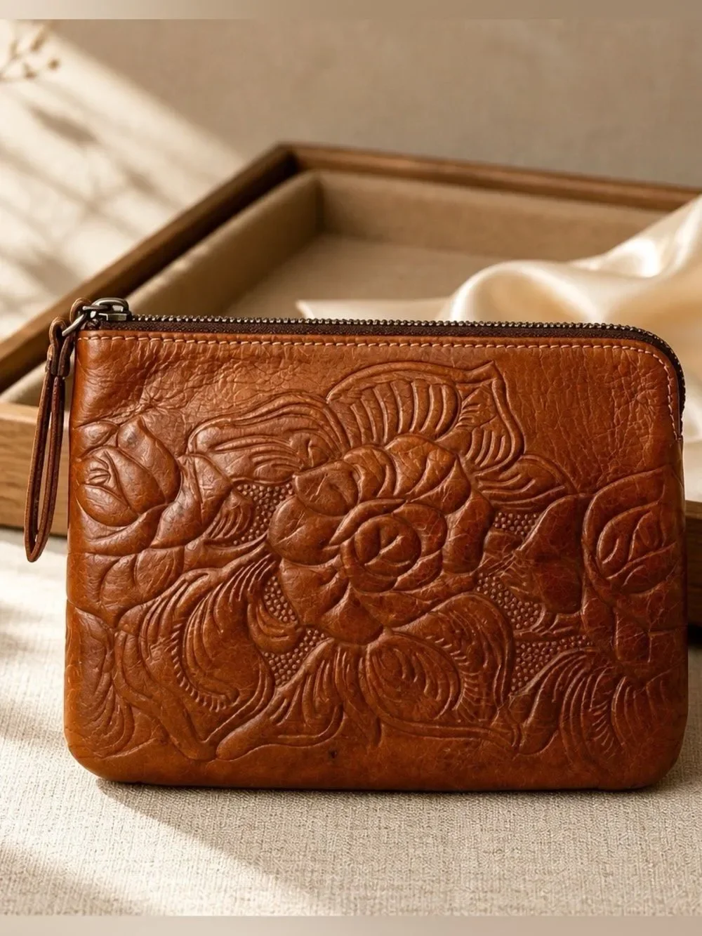 Patricia Nash Brown Leather Floral Embossed Clutch